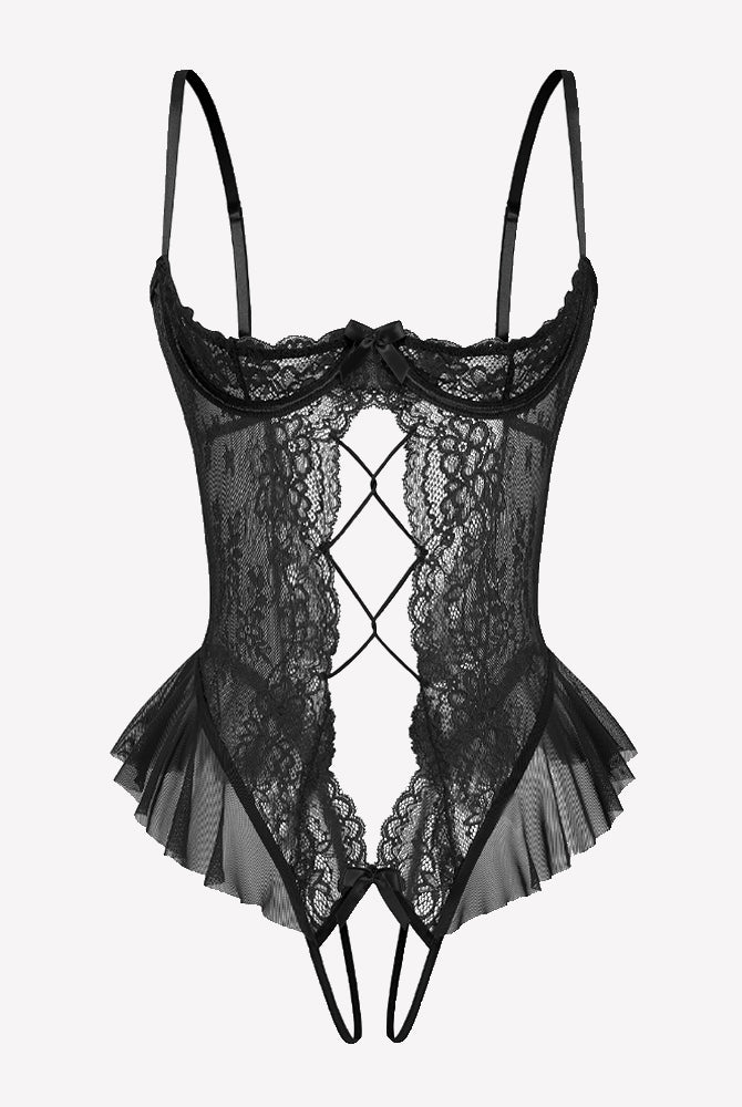Black lace teddy bodysuit with diamond cutout and ruffle trim