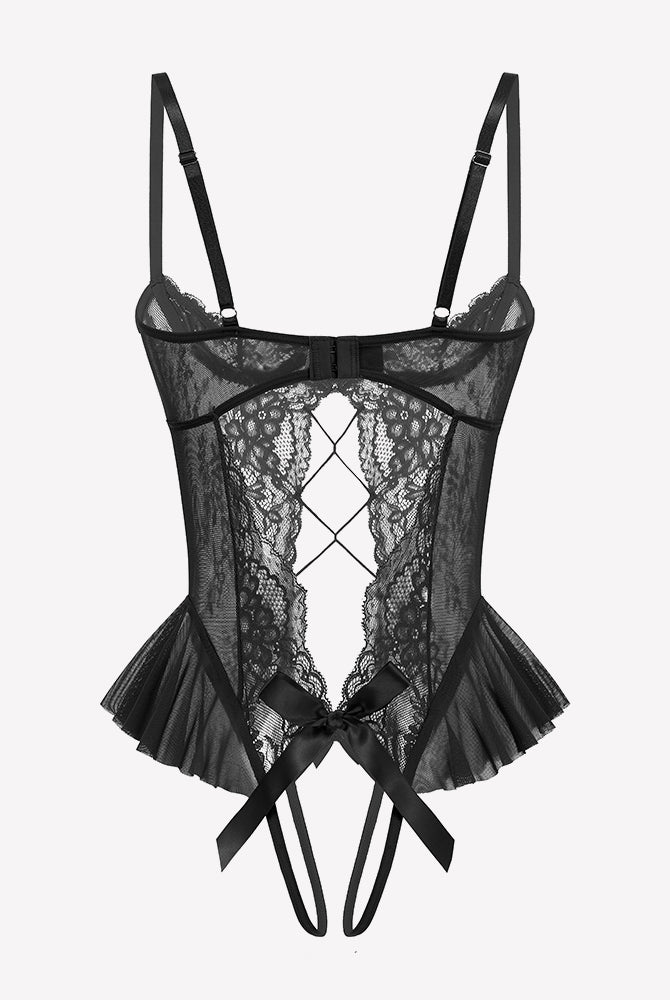 Black lace teddy bodysuit with scalloped bust trim and tulle ruffle hem