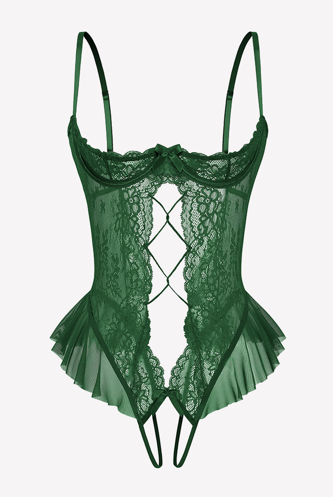 Green lace teddy bodysuit with diamond cutout and layered tulle ruffle hem