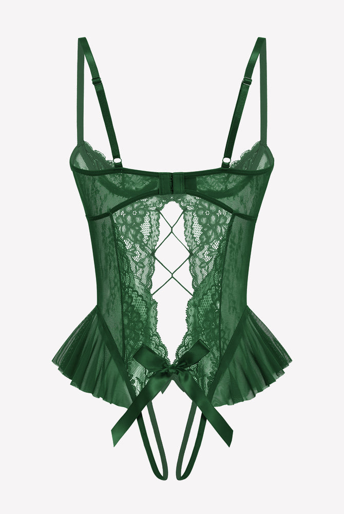Green lace teddy bodysuit with heart-diamond cutout and bow-tied ruffle trim