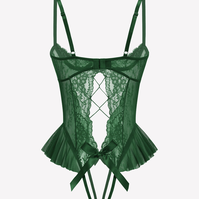 Green lace teddy bodysuit with heart-diamond cutout and bow-tied ruffle trim