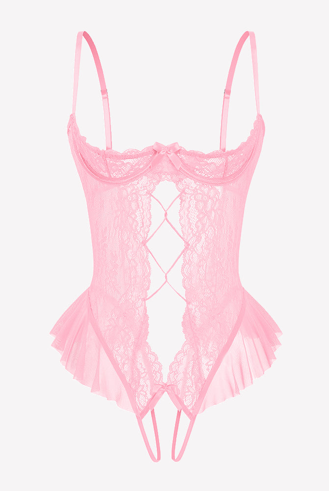 Pink lace teddy bodysuit with diamond cutout and layered tulle ruffle hem