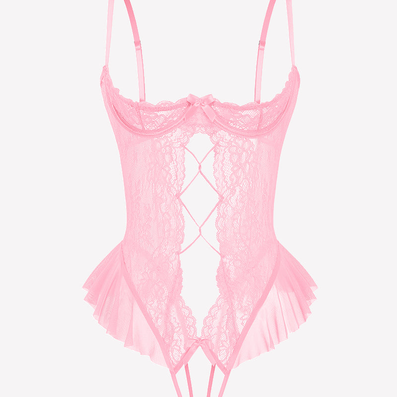 Pink lace teddy bodysuit with diamond cutout and layered tulle ruffle hem
