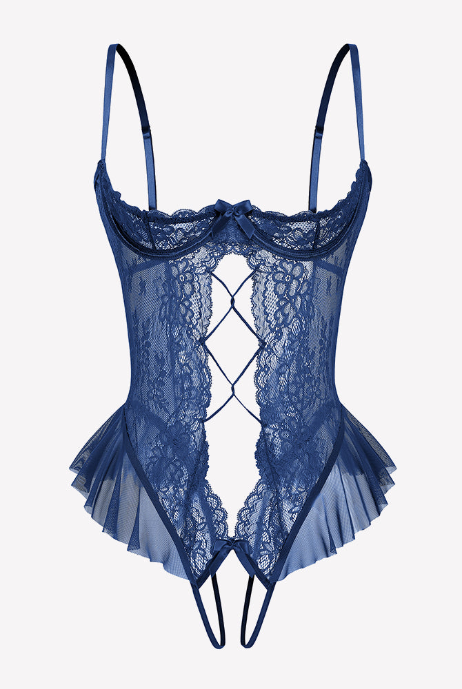 Navy blue lace teddy bodysuit with diamond cutout and tulle ruffle hem