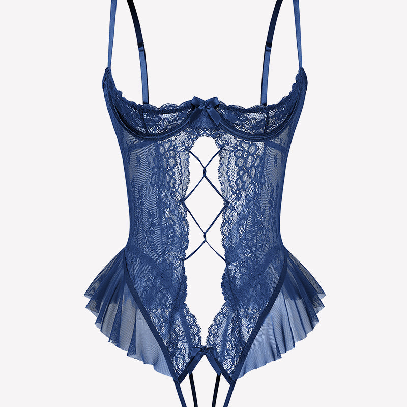 Navy blue lace teddy bodysuit with diamond cutout and tulle ruffle hem