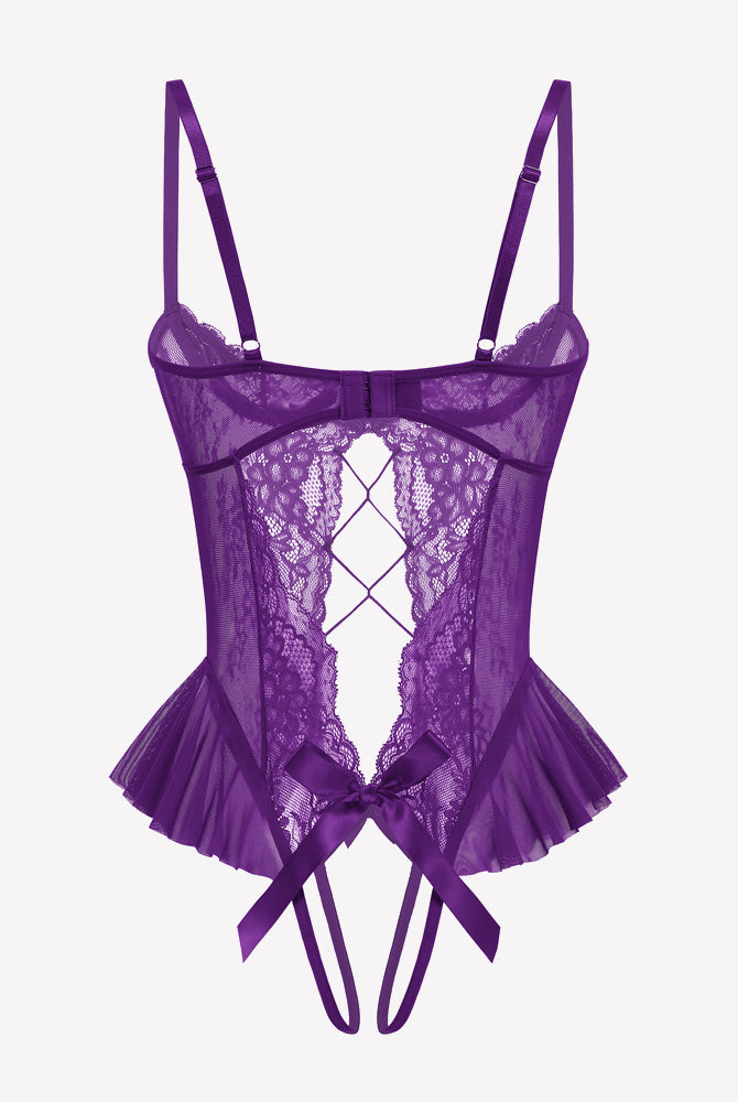 Purple lace cutout teddy bodysuit with diamond pattern and ruffle trim, adjustable straps