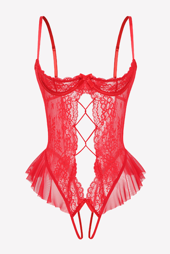 Red lace cutout teddy bodysuit with crisscross diamond front and ruffle trim, adjustable straps