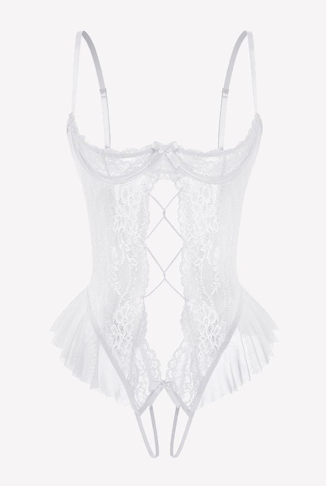 White lace cutout teddy bodysuit with crisscross diamond panel and ruffle trim, adjustable straps