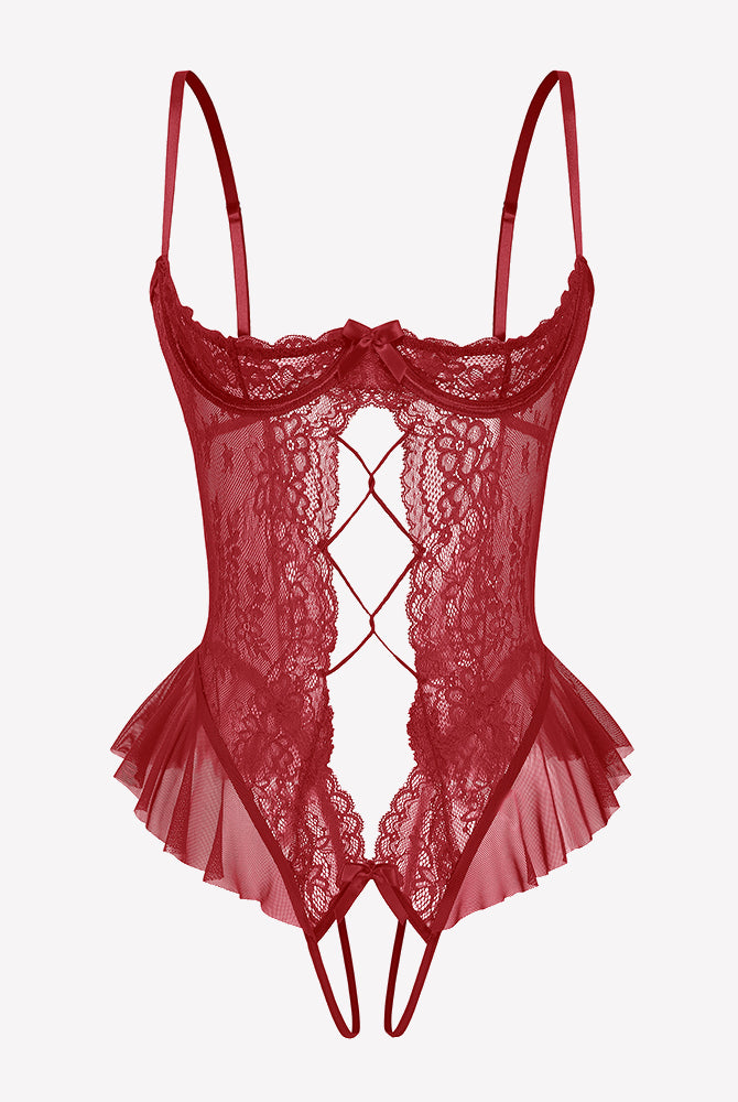 Dark red lace cutout teddy bodysuit with crisscross diamond panel and ruffle trim, adjustable straps