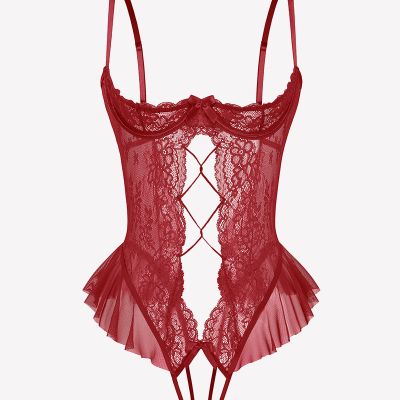 Dark red lace cutout teddy bodysuit with crisscross diamond panel and ruffle trim, adjustable straps