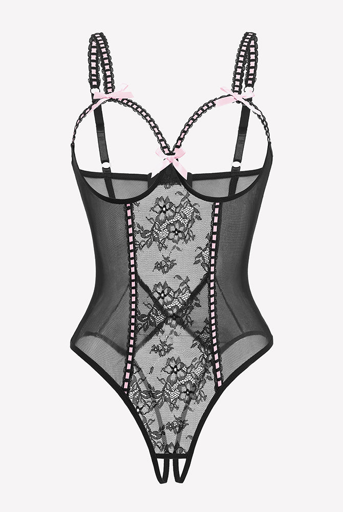 Crotchless lace mini teddy bodysuit in black with sheer mesh and lace-up straps