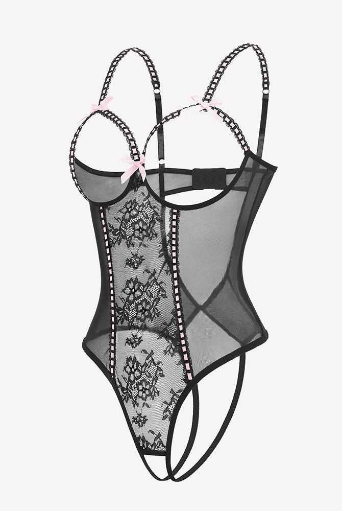 Black crotchless lace mini teddy bodysuit with sheer panels and cross straps