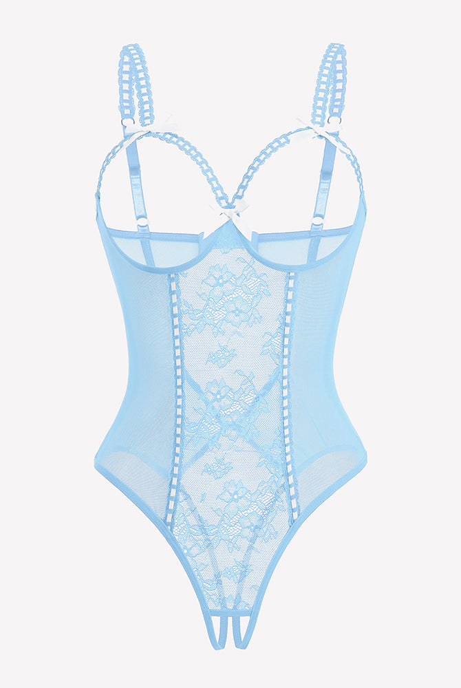 Light blue crotchless lace mini teddy bodysuit with sheer mesh panels and straps
