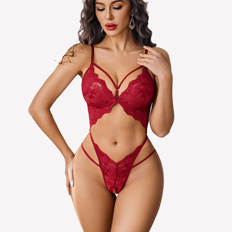 Deep V Lace Teddy Cutout One Piece Bodysuit