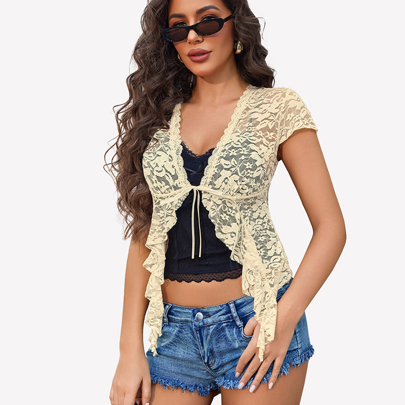 Sheer Shrug Short Sleeve Tie Front Crop Top