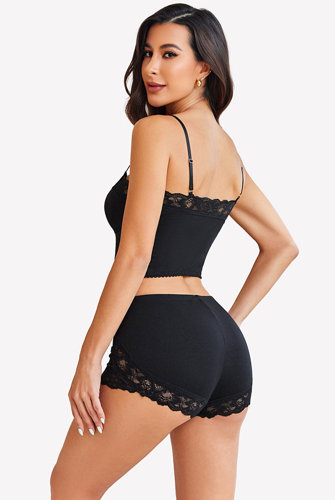 Black cami pajama set with lace-trim camisole and lace hem shorts