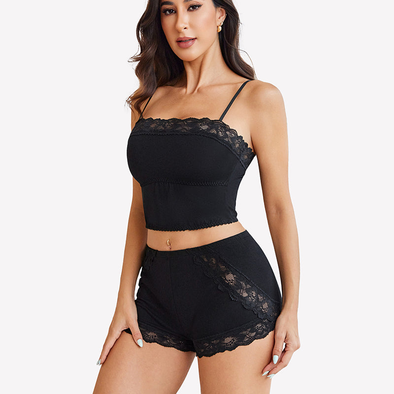 Black cami pajama set with lace-trim camisole and matching lace shorts