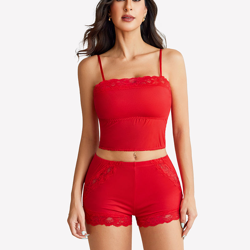 Red cami pajama set with lace-trim camisole and matching lace shorts