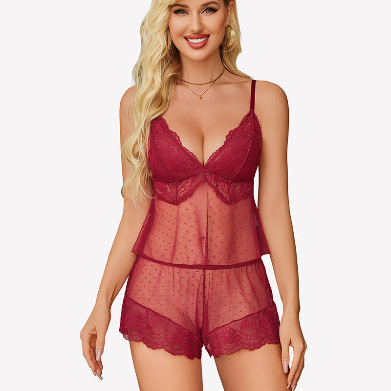 Wine red lace camisole and shorts lingerie set with V-neck, dotted mesh, front view