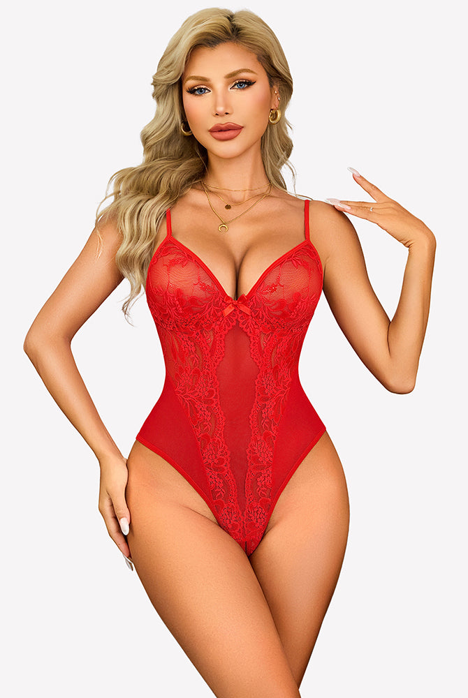 Red lace v-neck teddy bodysuit with plunging sheer cups and underbust seam