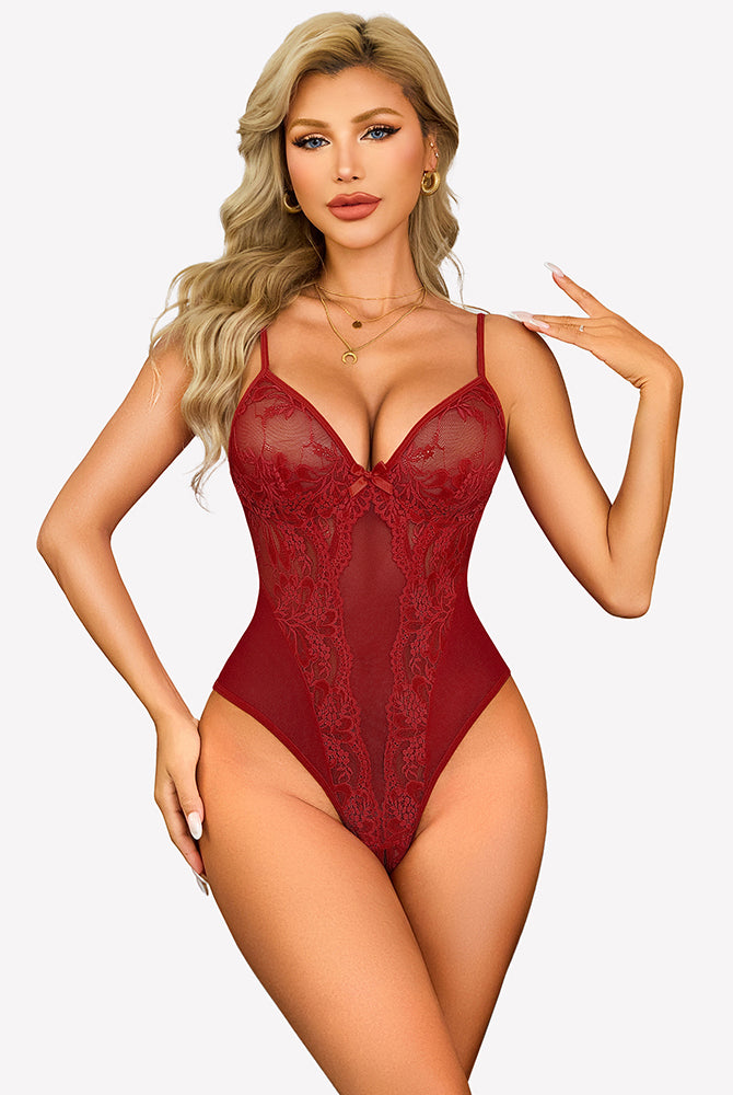 Wine-red lace teddy bodysuit with deep V-neck and adjustable spaghetti straps