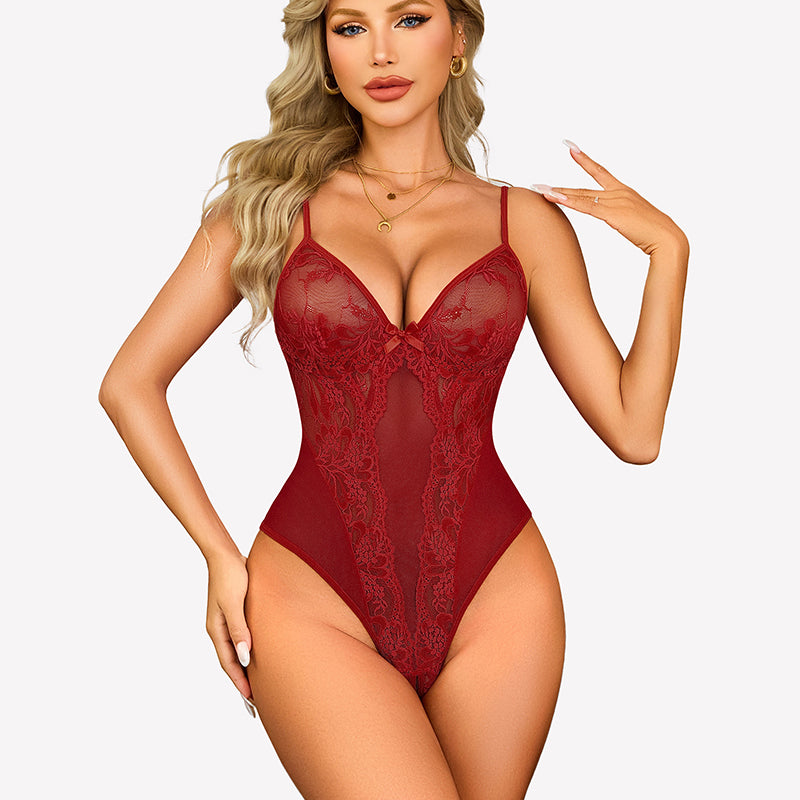 Wine-red lace teddy bodysuit with deep V-neck and adjustable spaghetti straps