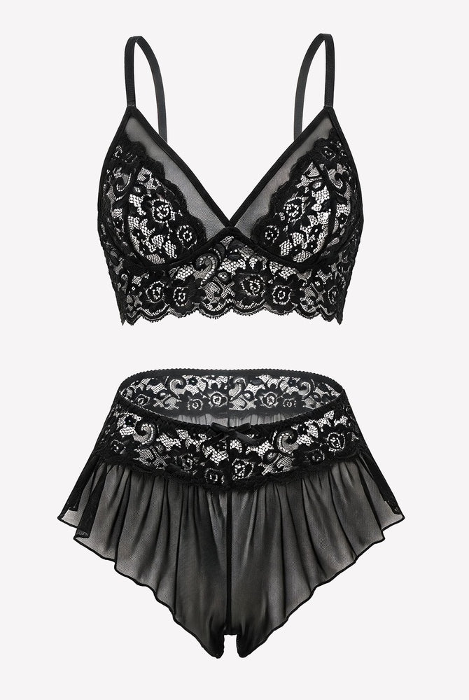 Black sheer mesh bralette and ruffled skirt panty set with lace trim