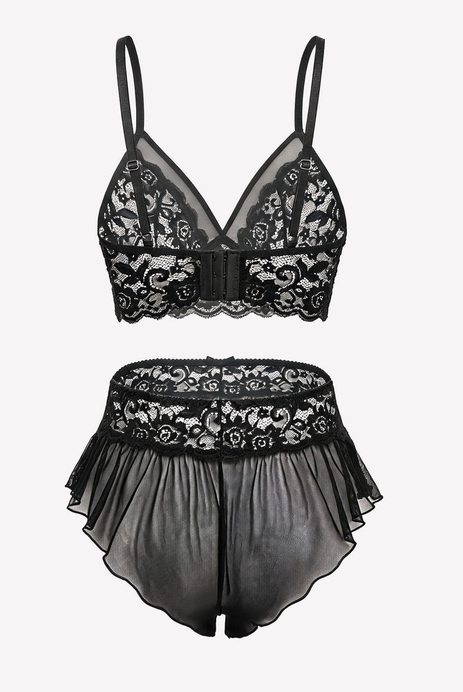 Black lace bralette and sheer ruffled skirt panty set, front view