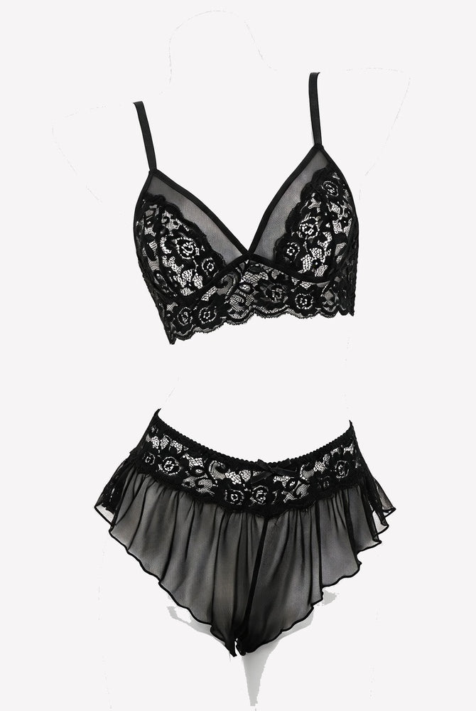 Black lace bralette and sheer ruffled skirt panty set, separated front set view