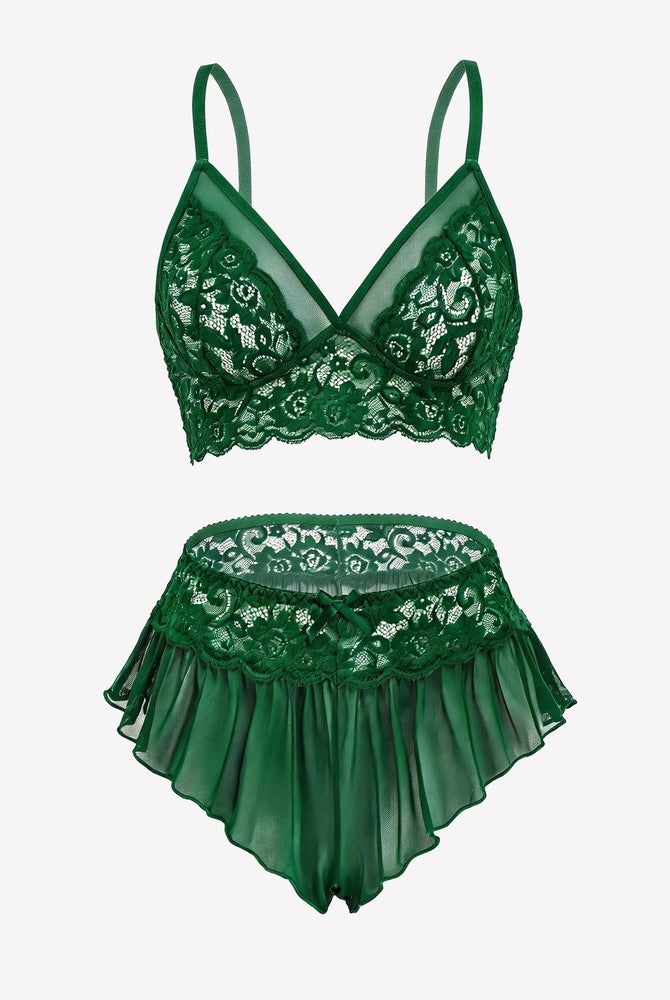 Green sheer mesh bralette with lace overlay and ruffled skirt panty set
