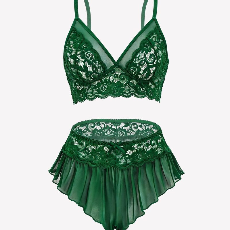Green sheer mesh bralette with lace overlay and ruffled skirt panty set