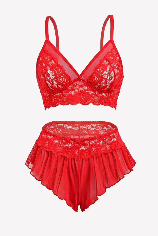 Red sheer lace bralette and ruffled skirt panty set