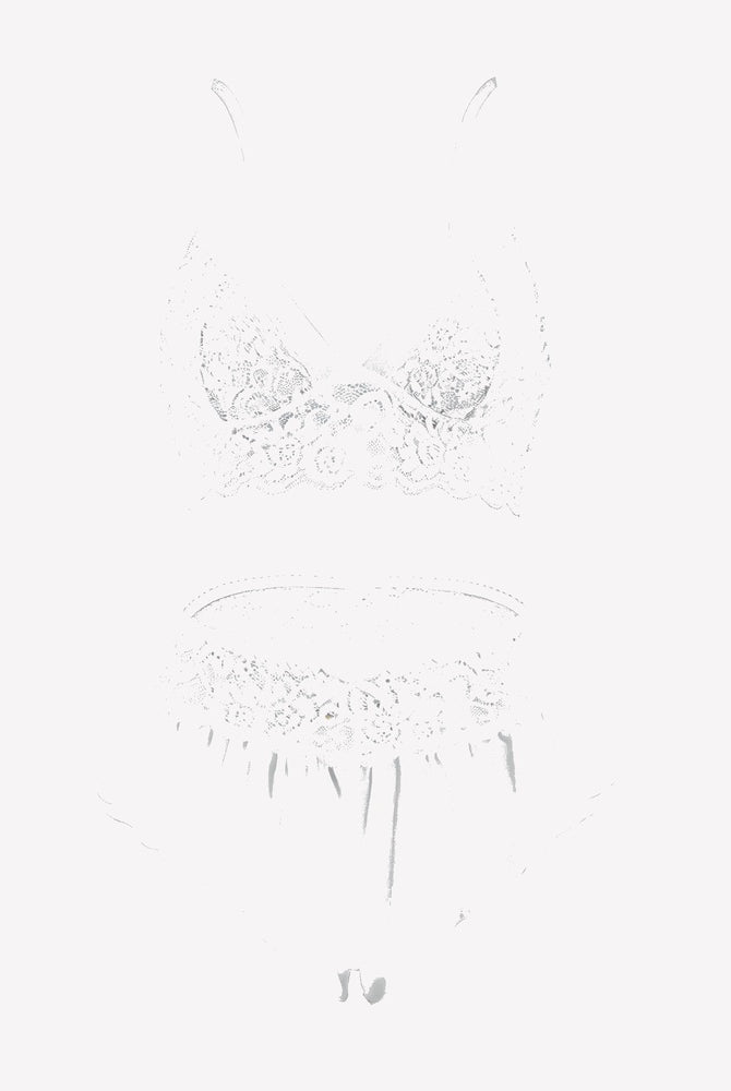 White lace bralette and panty set, front close-up