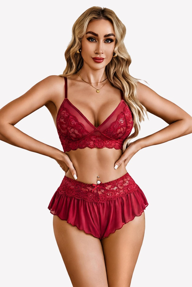 Wine red sheer mesh bralette with lace trim and ruffled skirt panty set