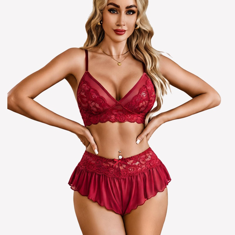 Wine red sheer mesh bralette with lace trim and ruffled skirt panty set
