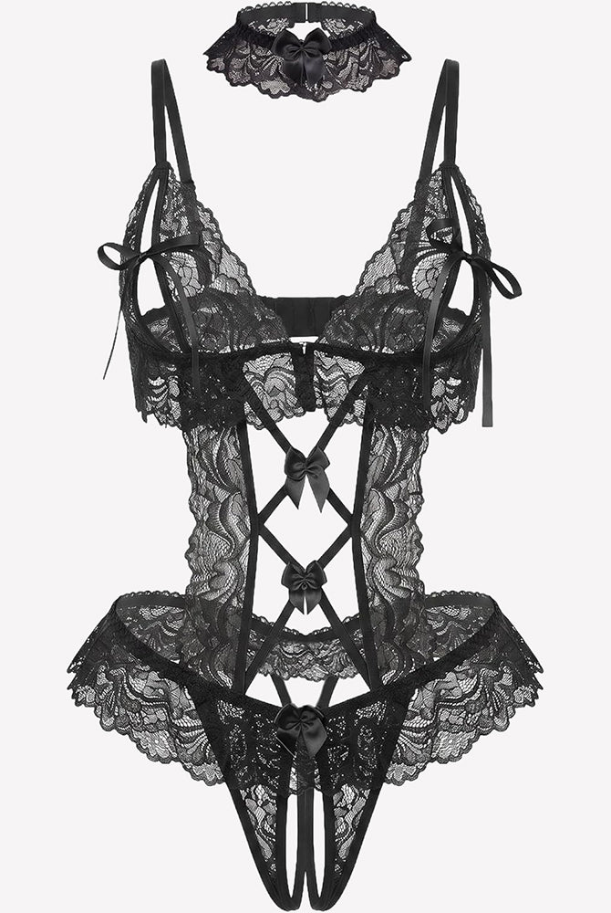 Black floral lace bodysuit teddy with lace garters and bow accents, thong cut