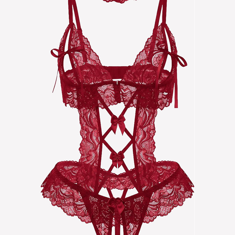 Wine red floral lace v-neck bodysuit teddy with scalloped trim and lace-up front