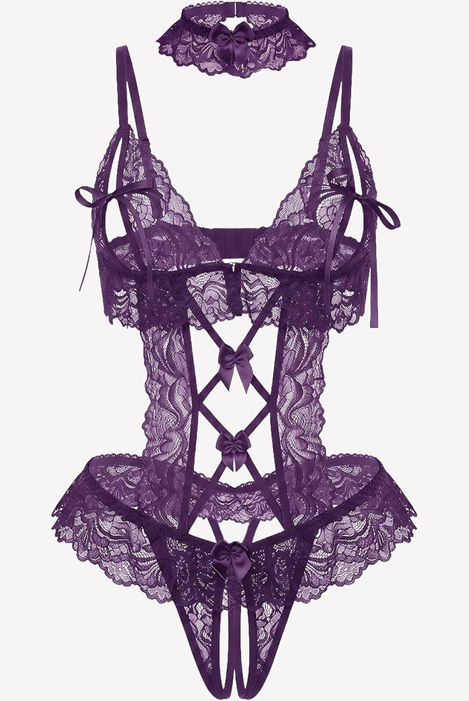 Purple floral lace v-neck bodysuit teddy with lace-up panel and scalloped edges