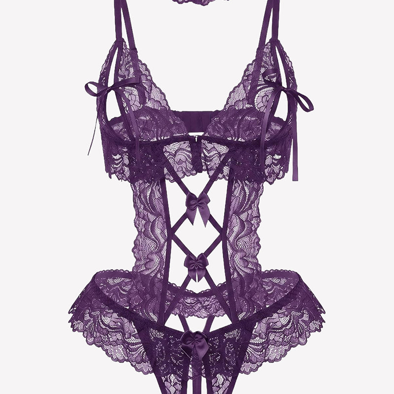 Purple floral lace v-neck bodysuit teddy with lace-up panel and scalloped edges