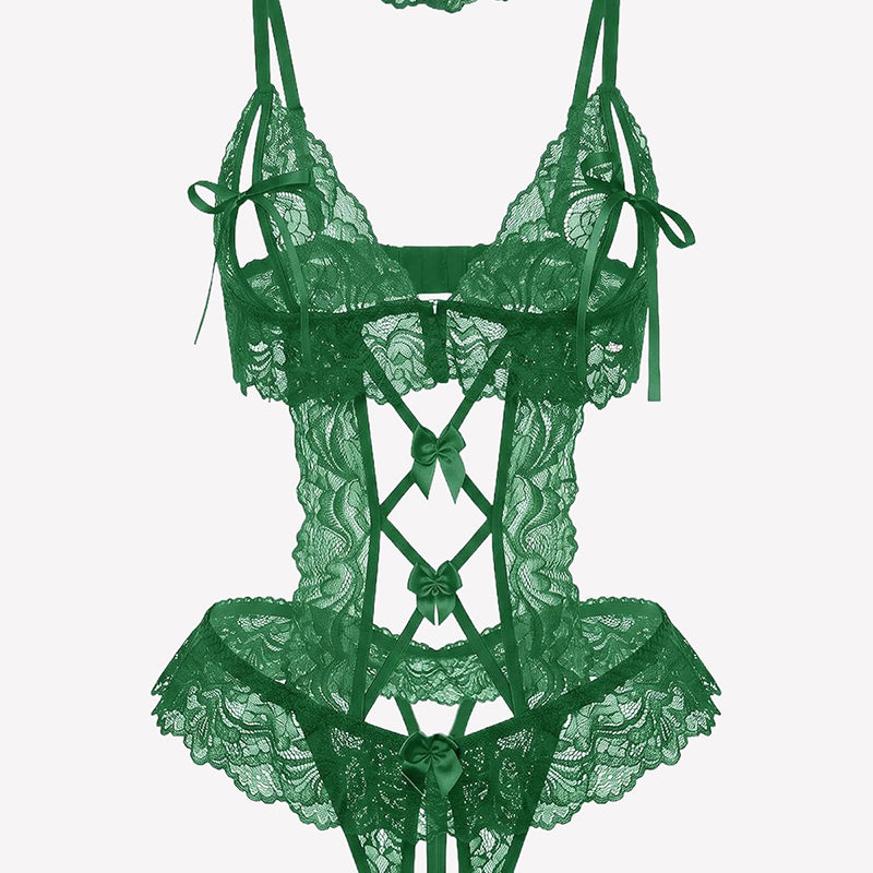 Green floral lace v-neck bodysuit teddy with lace-up front and ruffled edges