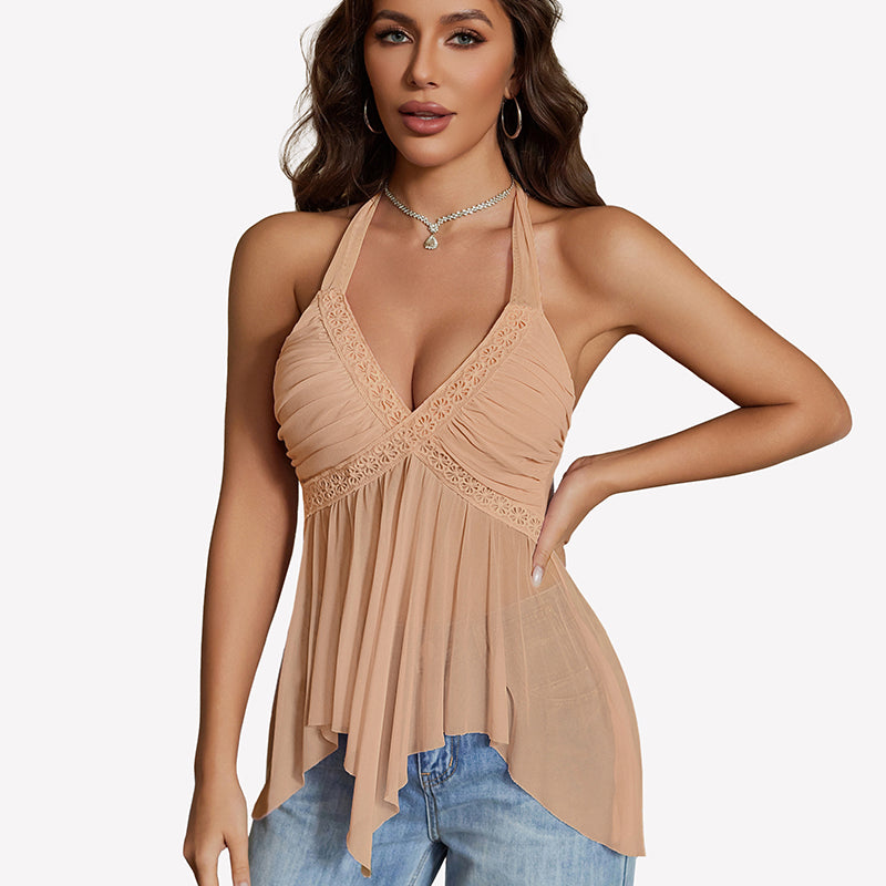 Halter Tops V Neck Sheer Mesh Going Out