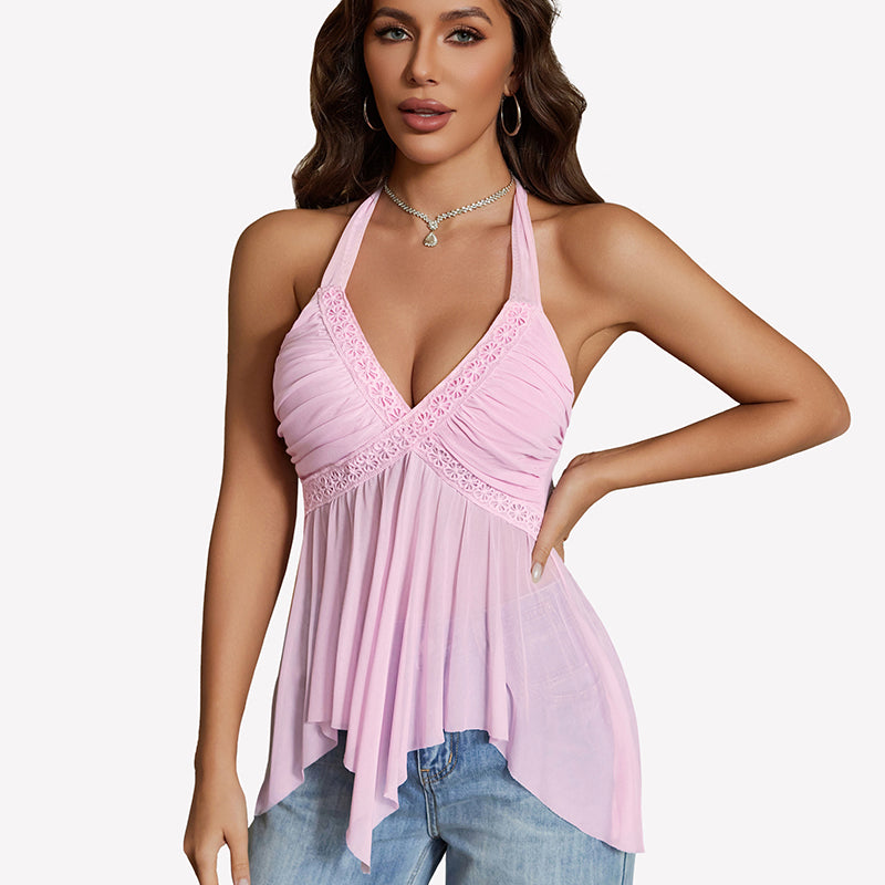 Halter Tops V Neck Sheer Mesh Going Out