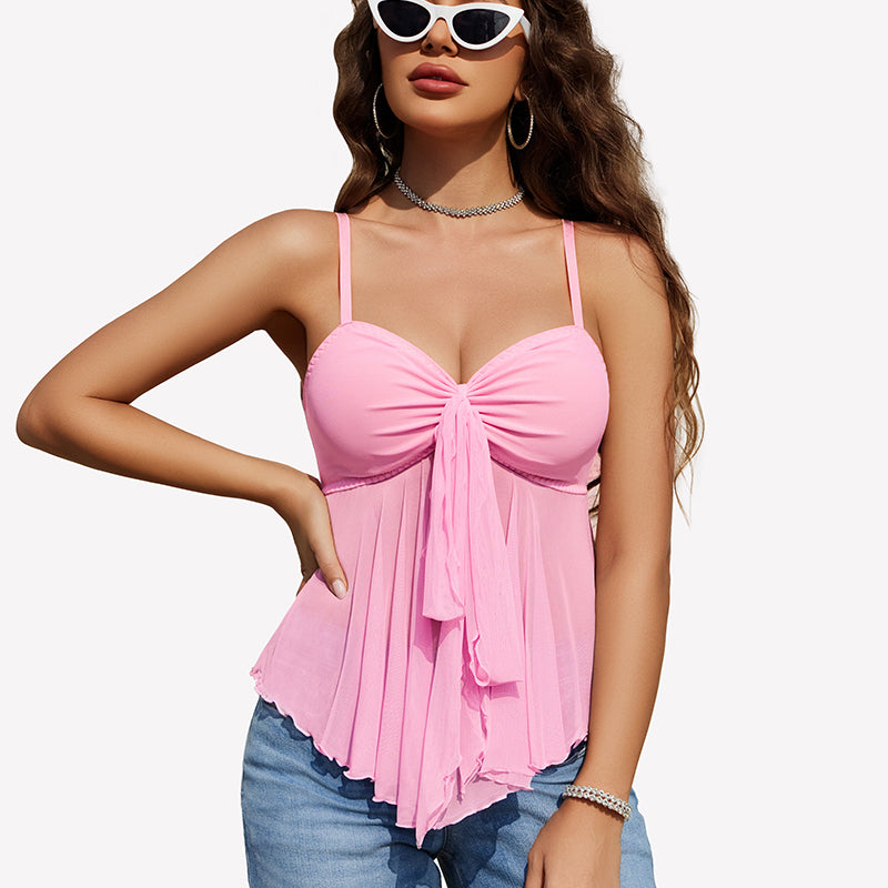 Pink mesh cami bralette top with tie-front bow and spaghetti straps