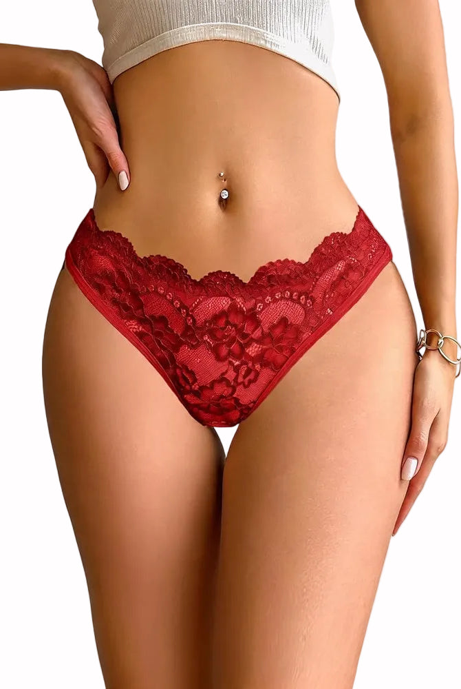 Red lace cheeky panty with scalloped edges and floral lace overlay