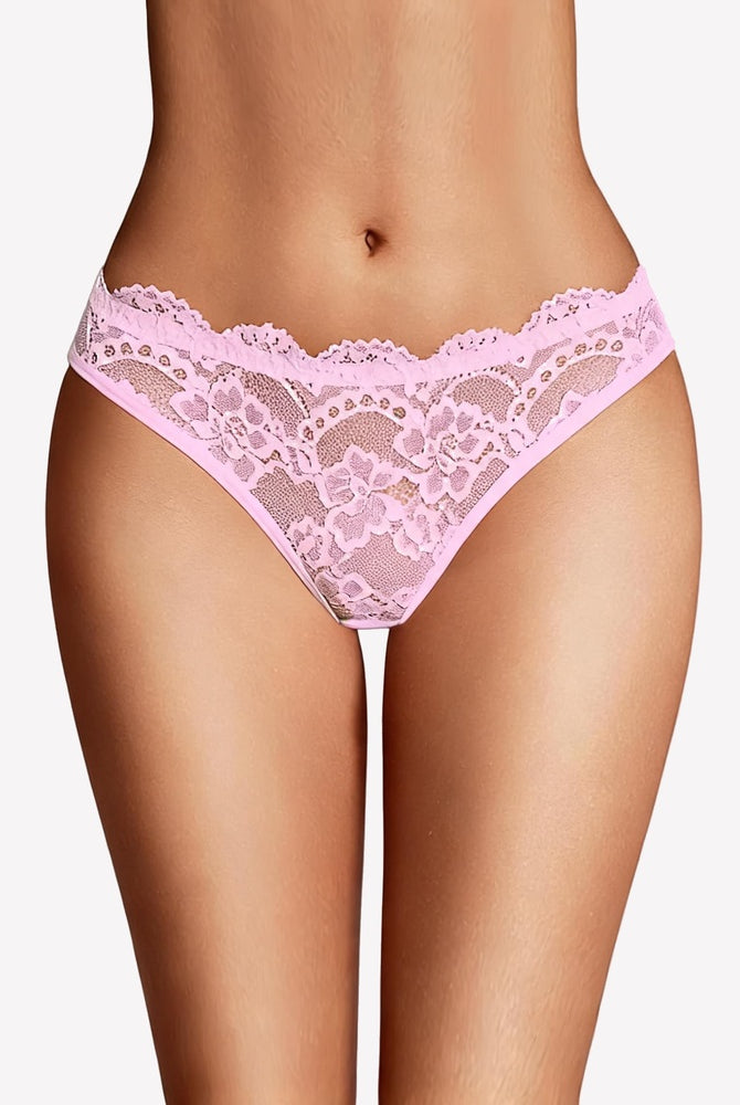 Lace cheeky panty, light pink lace with floral cutout pattern and scalloped waistband