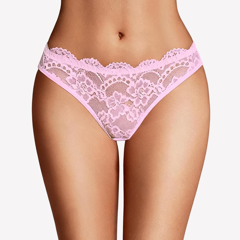 Lace cheeky panty, light pink lace with floral cutout pattern and scalloped waistband