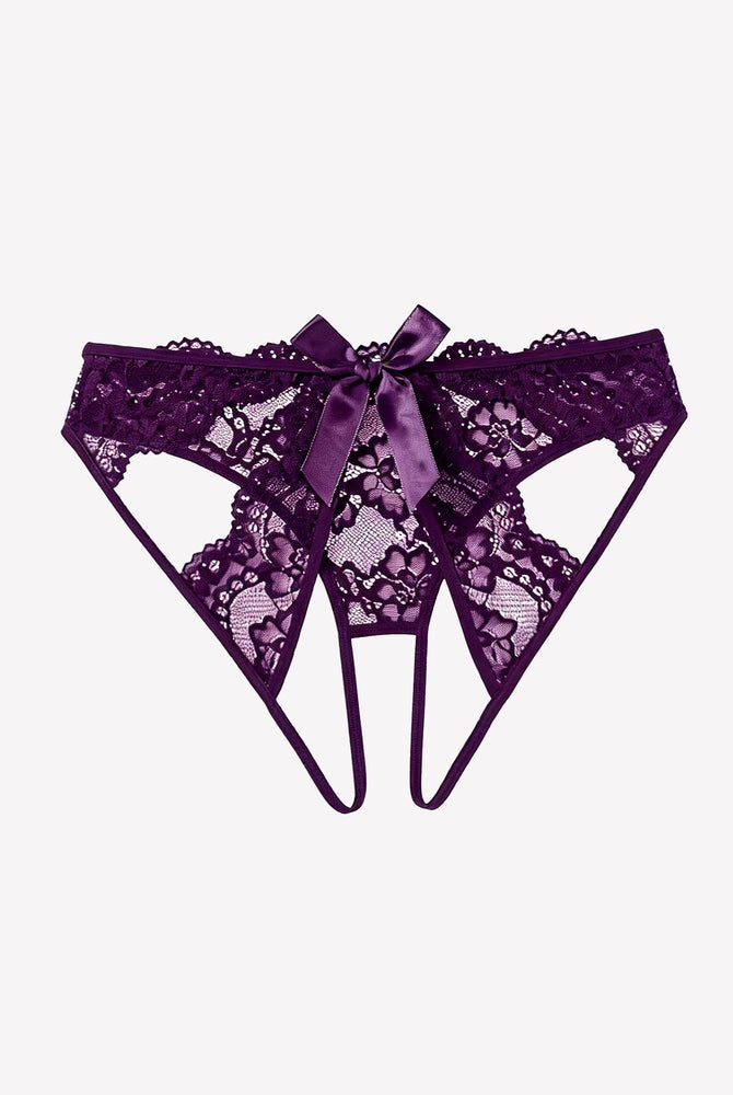 Lace cutout cheeky panty with bow detail, dark purple lace with scalloped edges