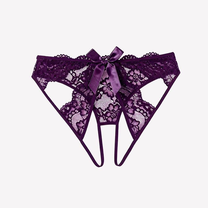 Lace cutout cheeky panty with bow detail, dark purple lace with scalloped edges