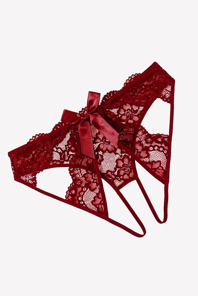 Lace cutout cheeky panty with bow detail, deep red lace with scalloped edges