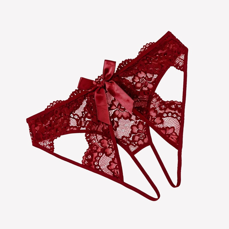Lace cutout cheeky panty with bow detail, deep red lace with scalloped edges